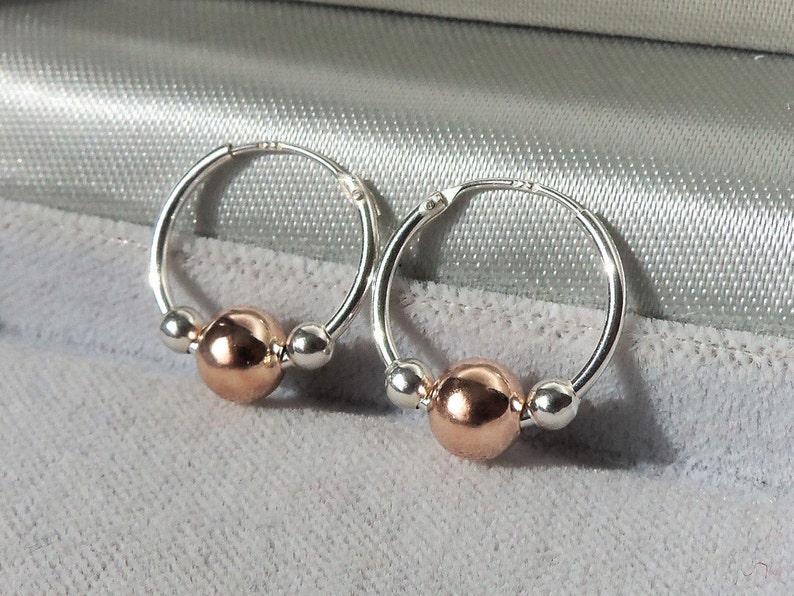 Sterling Silver Sleeper Hoop Earrings with Rose & Silver Beads. image 2