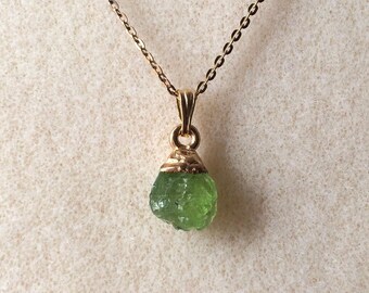 18ct Gold over Sterling Silver Raw Peridot Gemstone Pendant Necklace, August Birthstone.