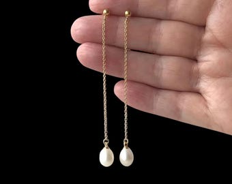 18ct Gold over Sterling Silver Freshwater Pearl Long Drop Earrings.