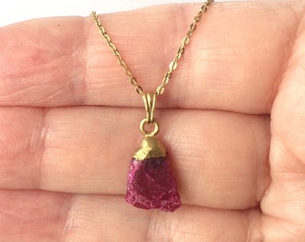 18ct Gold over Sterling Silver Raw Ruby Pendant Necklace, July Birthstone.