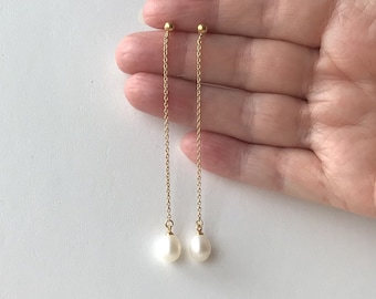 18ct Gold over Sterling Silver Freshwater Pearl Long Drop Earrings.