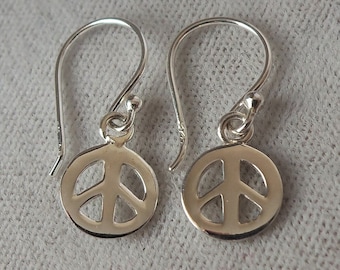 Sterling Silver Peace Sign Symbol Drop Earrings.
