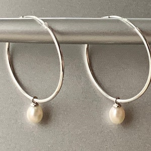 Sterling Silver Pearl Drop 30mm Hoop Earrings.