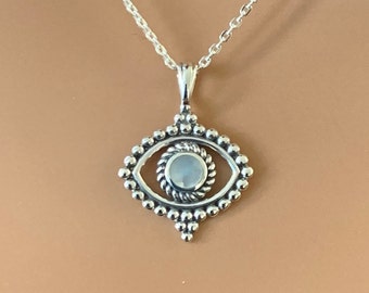 Sterling Silver Mother of Pearl Set Evil Eye Pendant Necklace.