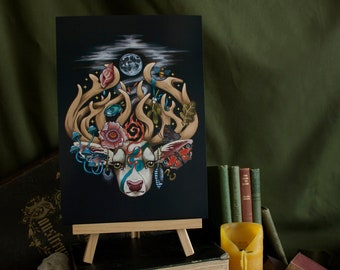 A4 Art Print Stag's Head: White Hart, Four Elements, Fantasy Nature Art, Magical Deer Illustration, Mystical Stag Artwork, Celtic Deer