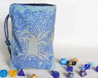 Celtic Tree Dice Bag: Freestanding Druid Tarot Bag, Hand Printed Tile Bag, Magic Wizard Dice Pouch, DND RPG Tabletop Gaming, Runes Bag