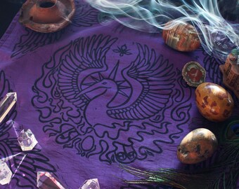 Phoenix Altar Cloth: Bennu, Blue, Greek Mythology, Egyptian Mythology, Ancient Greece Egypt, Firebird, Pagan Altar, Fantasy, Double Sided