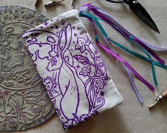 Moon Gazing Hare and Moon Moth Pouch: Moongazing Hare Tarot Bag, Full Moon Tarot Pouch, Pagan Altar, DnD Dice Bag, Wiccan Moon Flower Stars