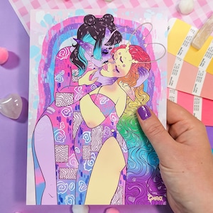 May include: A colorful illustration of two figures embracing. The figure on the left is purple and blue with a crown of hearts. The figure on the right is yellow and pink with a rainbow of hair. The background is a watercolor wash of pink, blue, and purple.