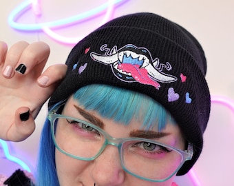 Bite Me Monster teeth Cryptid Yokai Oni Demon Beanie hat in Black