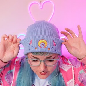 Demon Horns Magical Moon Amai Embroidered Beanie Monster Girl Hat in Blue image 2