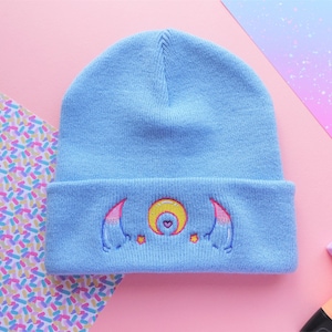 Demon Horns Magical Moon Amai Embroidered Beanie Monster Girl Hat in Blue image 1