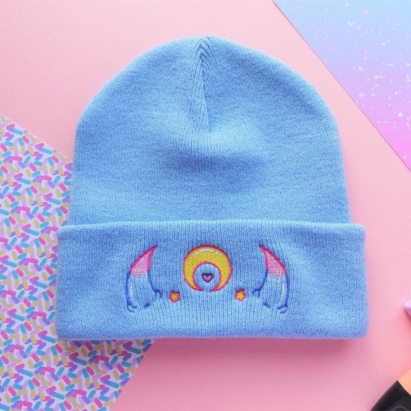 Demon Horns Magical Moon Amai Embroidered Beanie -  Monster Girl Hat in Blue
