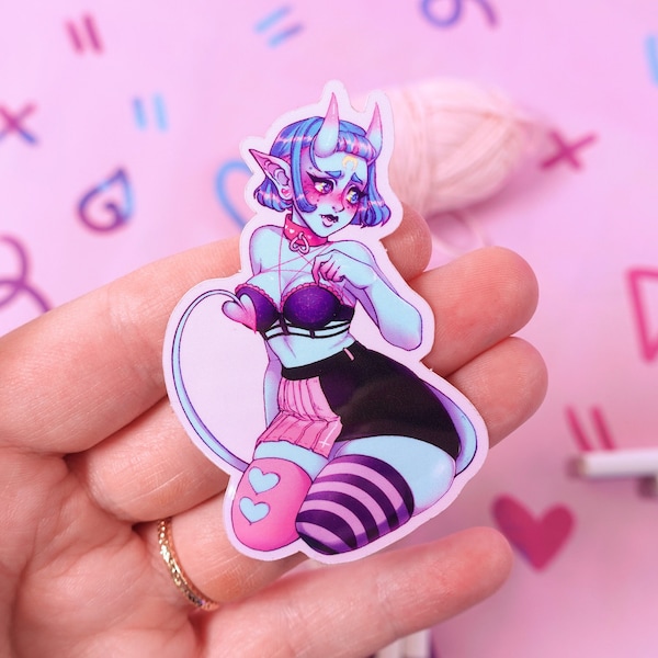 Shy E girl Blushing thicc Amai Demon girl Kawaii Vinyl clear Sticker