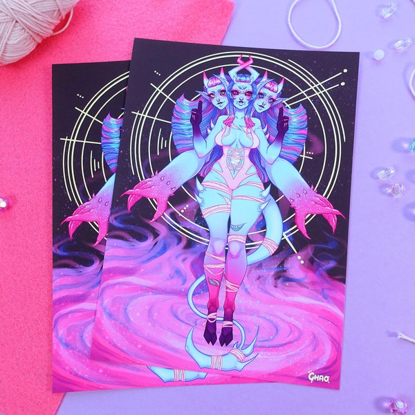 Cerberus Amai Demon Girl Art Print ~ Amai the Shapeshifter ~ Demonic Hell hound Baphomet Kawaii Creepy Monster girl Print