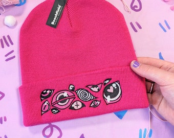 Eye See You Angel Biblically Accurate Angel Yokai Demon Beanie hat in Hot Pink