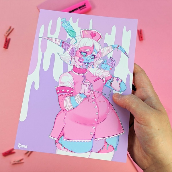 Zombie Nurse Menhera Yami Kawaii A5 Art print, Matt photo paper, Pastel aesthetic, cute, monster girl