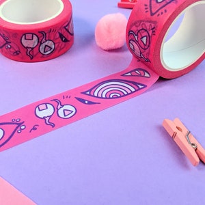 Monstrous Eyes Bright Pink Washi tape 10m length 20mm wide, Japanese decorative stationary planner tape