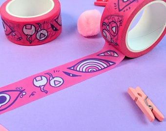 Monstrous Eyes Bright Pink Washi tape 10m length 20mm wide, Japanese decorative stationary planner tape