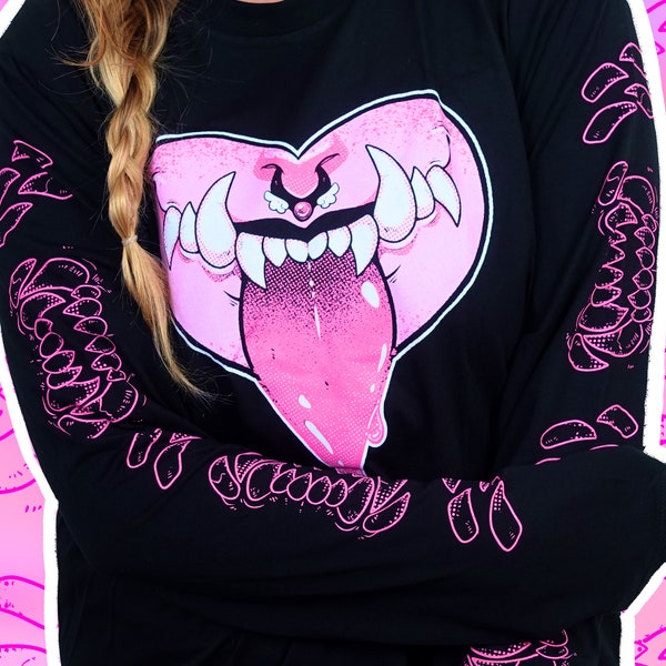 Monster Chomp Langarm T-Shirt (Größen S-2XL) ~ Kawaii Monster Girl Teeth pastel kowai gruselige Kleidung ~ Techwear Harajuku Anime tee