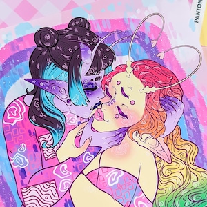 May include: A colorful illustration of two figures embracing. The figure on the left has blue and purple hair, a pink and white patterned shirt, and a pointed ear. The figure on the right has red and yellow hair, a pink and white patterned shirt, and a pointed ear. The background is a rainbow gradient with white clouds.