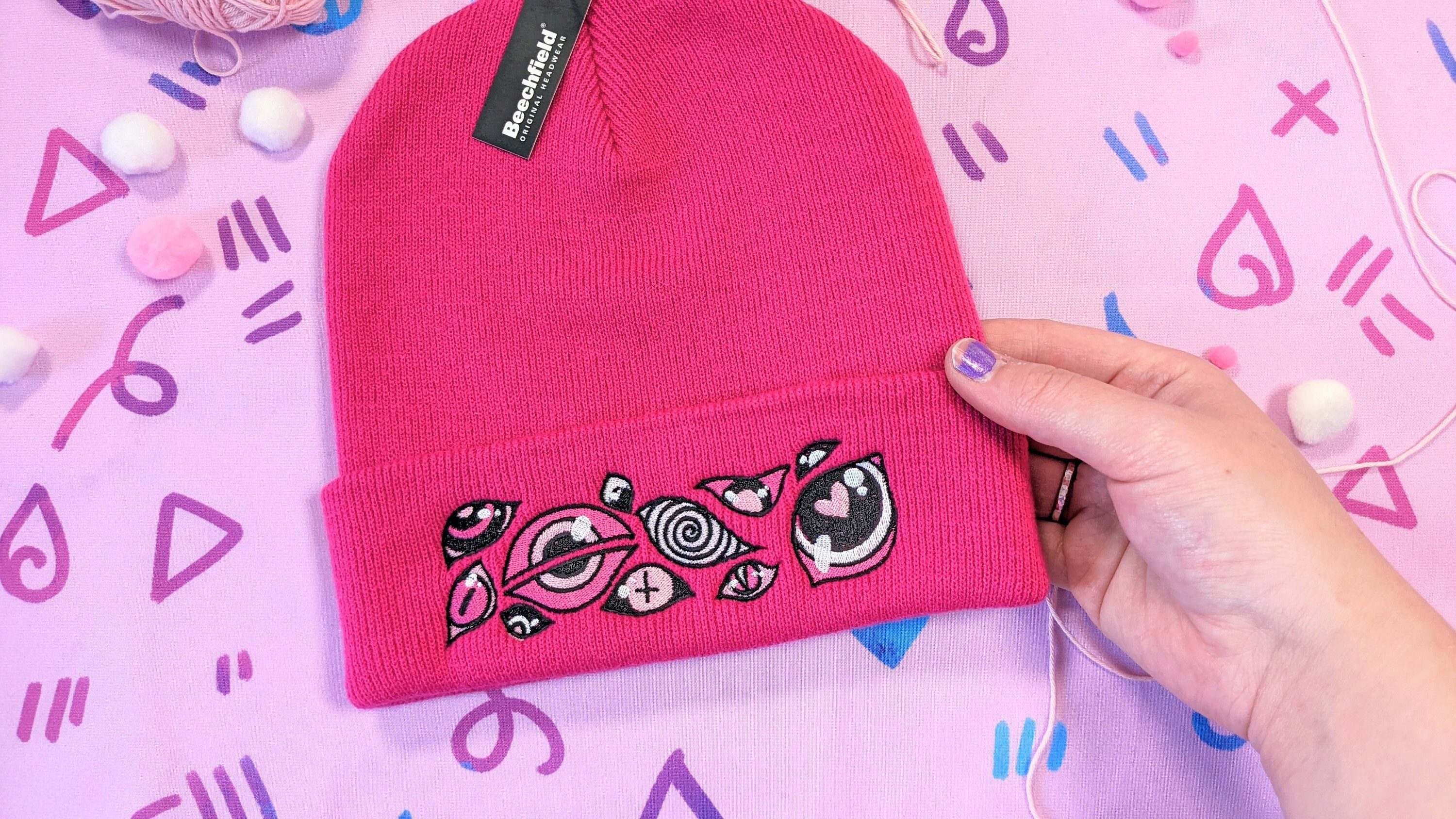 Eye See You Angel Biblically Accurate Angel Yokai Demon Beanie hat in Hot Pink