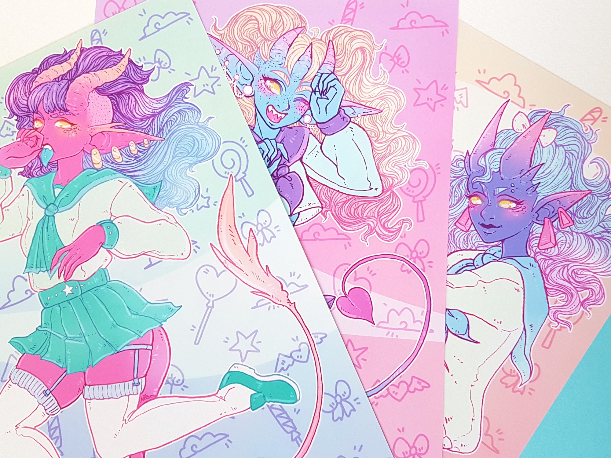 Demon School Girls 3 Print Set - Kawaii Monster Girls Tiefling Art Pr…