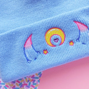 Demon Horns Magical Moon Amai Embroidered Beanie Monster Girl Hat in Blue image 7