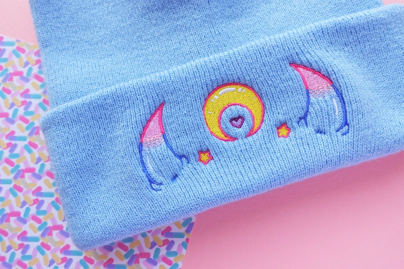 Demon Horns Magical Moon Amai Embroidered Beanie Monster Girl Hat in Blue image 7