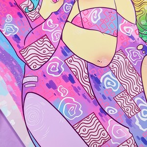 May include: A colorful illustration of two figures in a pink, purple, and blue patterned design. The figures are embracing and have a whimsical, abstract style.
