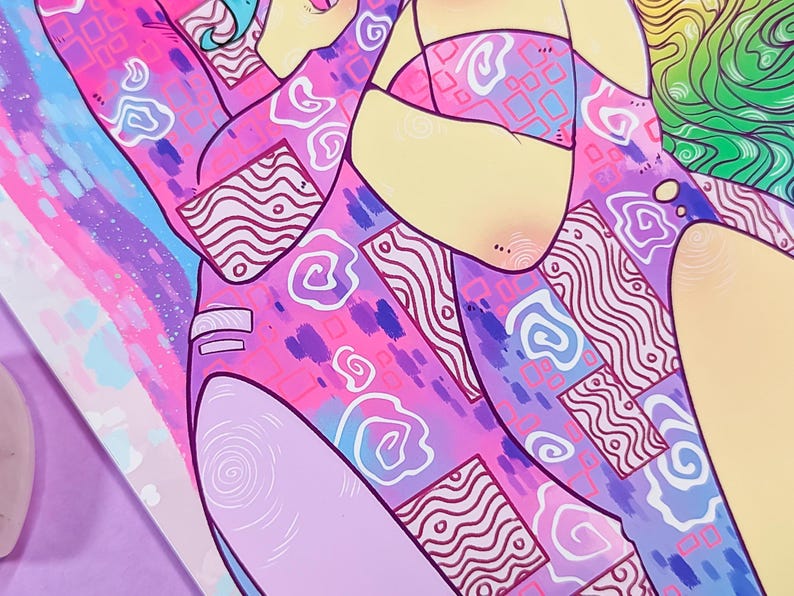 May include: A colorful illustration of two figures in a pink, purple, and blue patterned design. The figures are embracing and have a whimsical, abstract style.