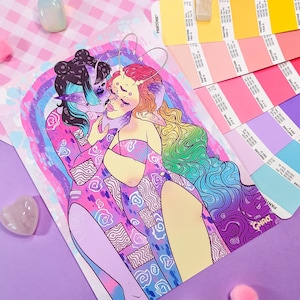 May include: A colorful illustration of two figures embracing. The figures are drawn in a cartoon style with vibrant colors and intricate details. The background is a swirling rainbow with a pink and white checkered pattern.