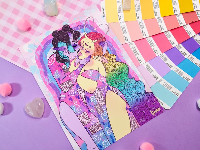 May include: A colorful illustration of two figures embracing. The figures are drawn in a cartoon style with vibrant colors and intricate details. The background is a swirling rainbow with a pink and white checkered pattern.