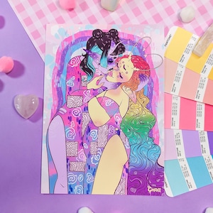 May include: A colorful illustration of two figures embracing. The figure on the left has purple hair and is wearing a pink and blue patterned outfit. The figure on the right has long, rainbow-colored hair and is wearing a pink and blue outfit. The background is a rainbow.