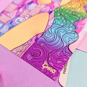May include: A colorful illustration of a person with a rainbow gradient design. The illustration is outlined in black and has a swirling pattern. The illustration is on a white background with the word "CHAO" in gold lettering.