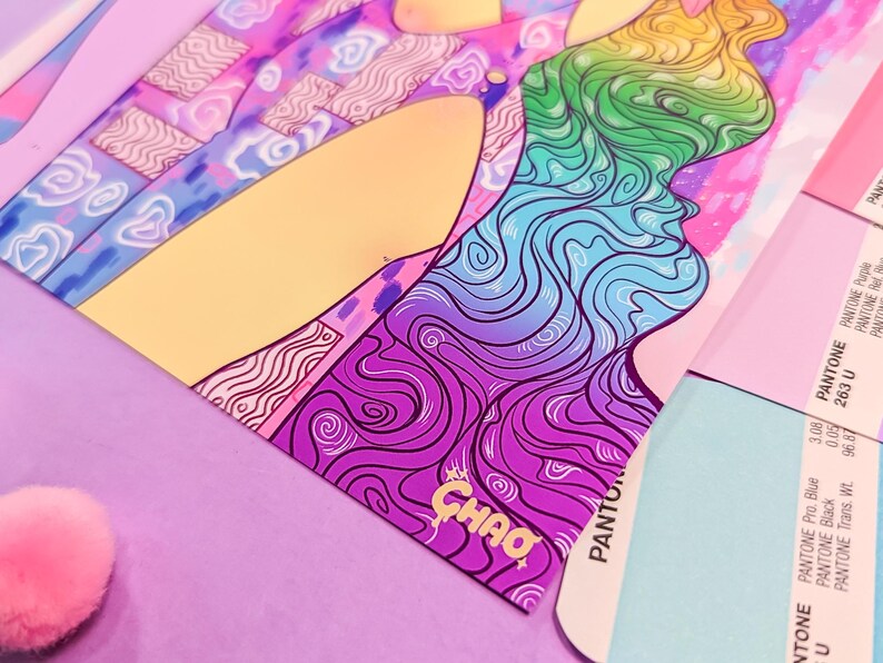 May include: A colorful illustration of a person with a rainbow gradient design. The illustration is outlined in black and has a swirling pattern. The illustration is on a white background with the word "CHAO" in gold lettering.