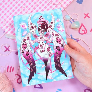 May include: A pink and purple angel with many eyes on its wings, against a blue and white cloudy background.