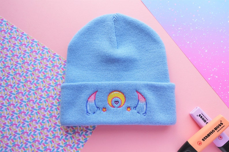 Demon Horns Magical Moon Amai Embroidered Beanie Monster Girl Hat in Blue image 1