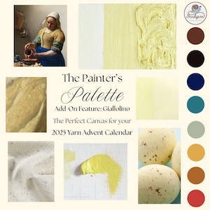 Puede incluir: Un collage que presenta una pintura, muestras de pintura y muestras de hilo. Se muestra el texto "The Painter's Palette" y "Add-On Feature: Giallolino". La imagen incluye una paleta de colores con varios tonos.