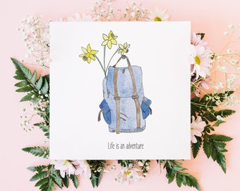 Het leven is een avontuur - Bloemenwenskaart - Narcis - Citaat - Rugzak - Het leven is een avontuur - Aquarel