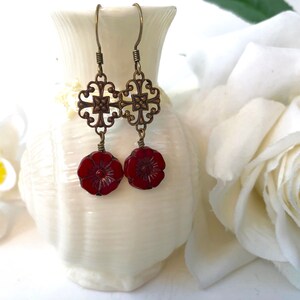 Red Flower Earrings, Birthday Gift for Her, Boho Dangle Earrings for Women, Filigree Chandelier Earrings, Red Earrings