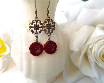 Red Flower Earrings, Birthday Gift for Her, Boho Dangle Earrings for Women, Filigree Chandelier Earrings, Red Earrings