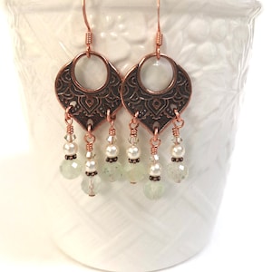 Boho Chandelier Earrings, Prehnite Dangle Earrings for Women, Light Green Gemstone Statement Earrings, Copper Drop Earrings