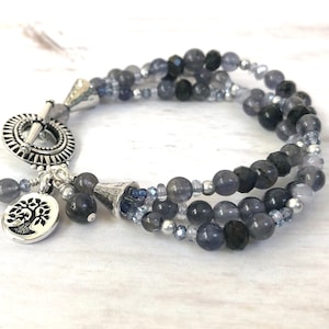 Boho Iolite Bracelet, Mothers Day Gift, Triple Strand Gemstone Bracelet, Multi Strand Bracelet, Beaded Jewelry for Women, Boho Chic Bracelet