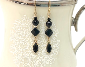 Crystal Dangle Earrings, Gold Filled Dainty Drop Earrings, Geometric Earrings, Elegant Black Earrings, Swarovski Crystal Jewelry