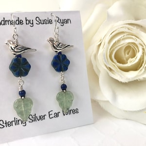 Blue Flower Earrings, Boho Bird Earrings, Nature Inspired Beaded Jewelry for Women, Bird Lover Gift, Dangle Earrings, Mothers Day Gift