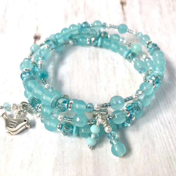 Aqua Blue Gemstone Beaded Bracelet, Boho Memory Wire Coil Wrap Cuff Bracelet with Bird Charm, Mother's Day Gift for Her