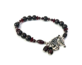 Red Garnet Beaded Bracelet, Boho Chic Style, January Birthstone