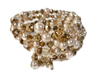 Pearl Beaded Wrap Bracelet on Memory Wire with Golden Crystal Accents and Heart Charm