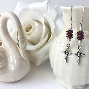 Silver Cross Earrings for Women, Purple Beaded Dangle Earrings, Dainty Drop Earrings, Mothers Day Gift, Christian Jewelry
